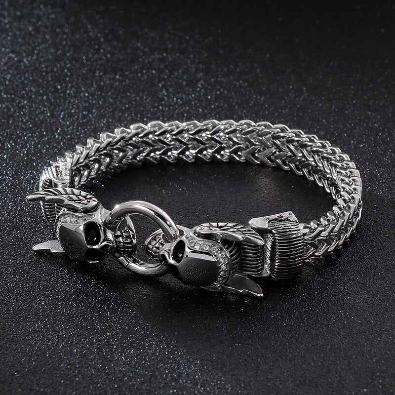 Kalen Gothic Halloween  23cm Chunky Mesh Chain Bracelet For Men Punk Skull Charm Bracelet Stainless Steel Skeleton Accessories J