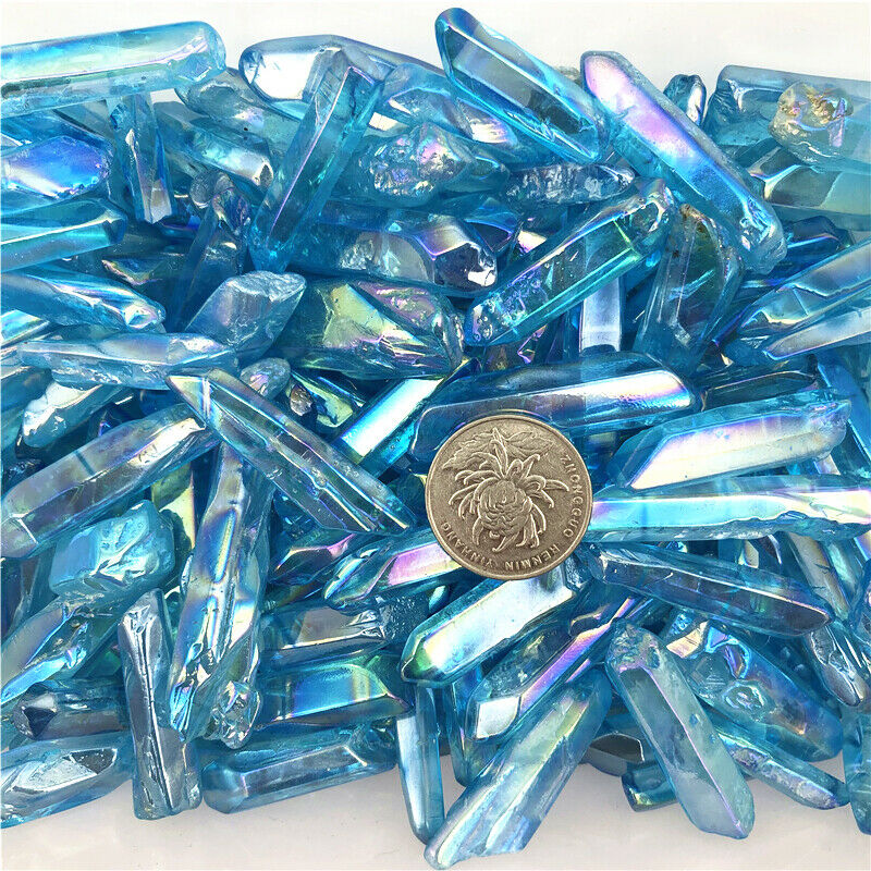 Wholesale 50g Electroplated Light Blue Titanium Aura Lemurian Seed Quartz Crystal Point Stones Specimen Natural Quartz Crystals