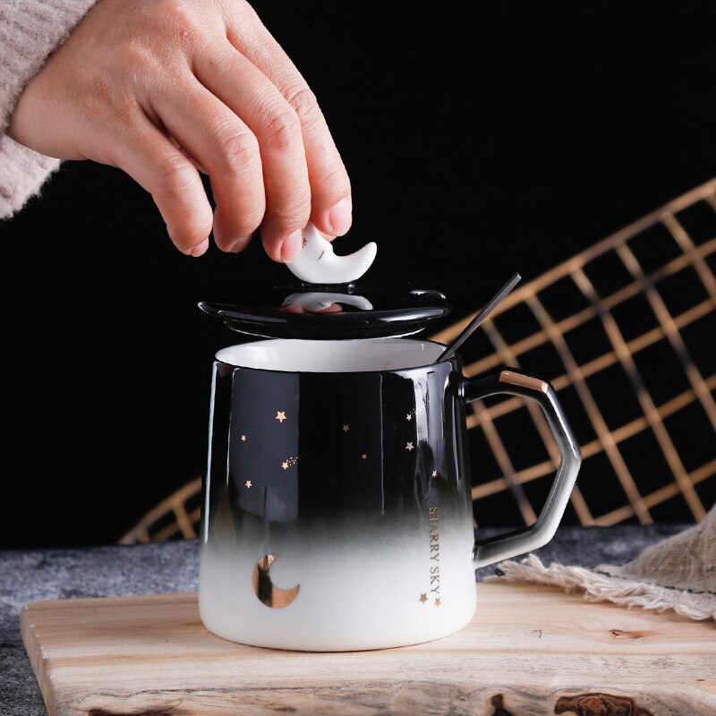 Creative Star Mug Individual Trend Ceramic Water Cup Nordic Milk Coffee Tea Cup with Lid Spoon