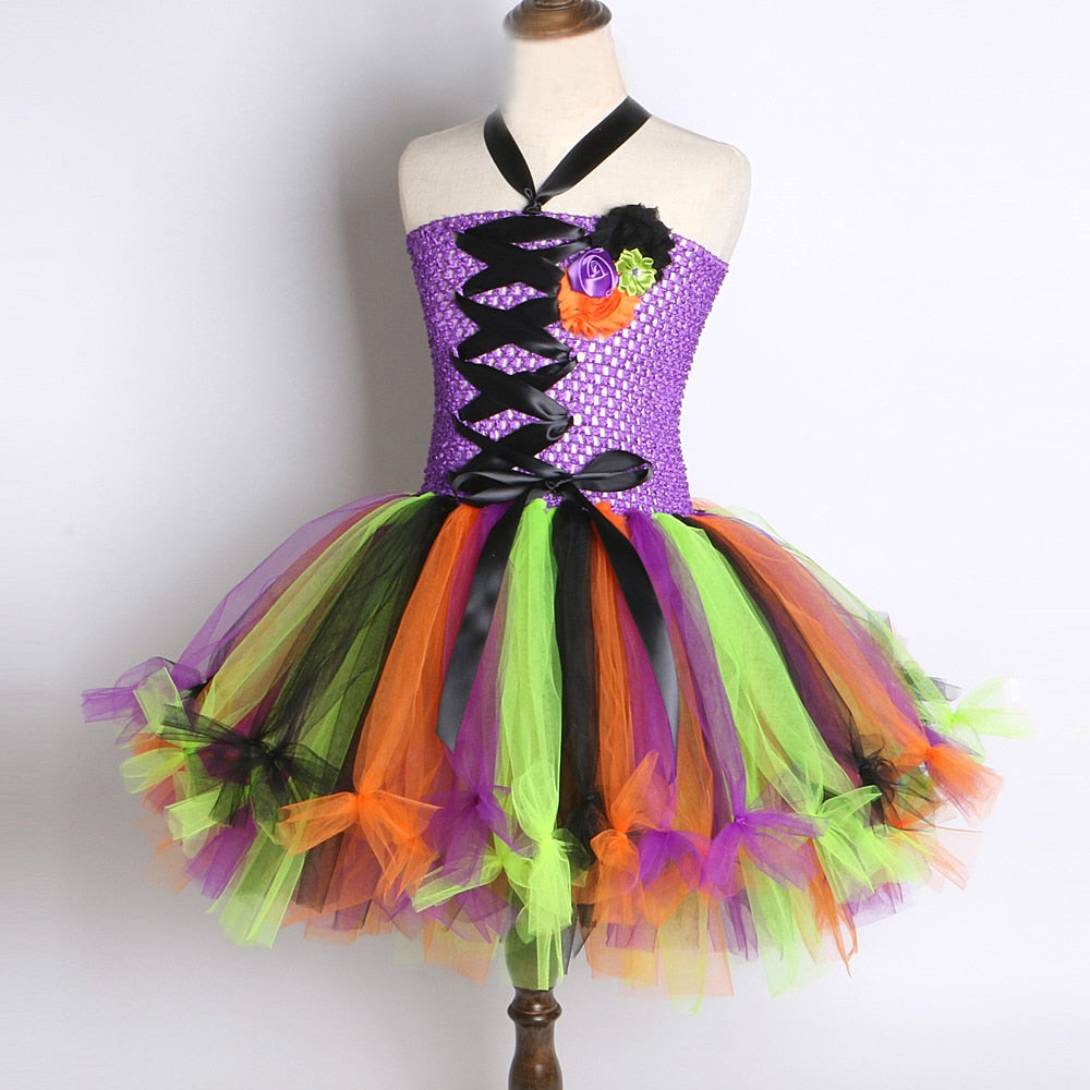 Witch Halloween Costumes for Girls Kids Sorceress Tutu Dress with Hat Children Cosplay Dresses for Carnival Party Colorful Tutus