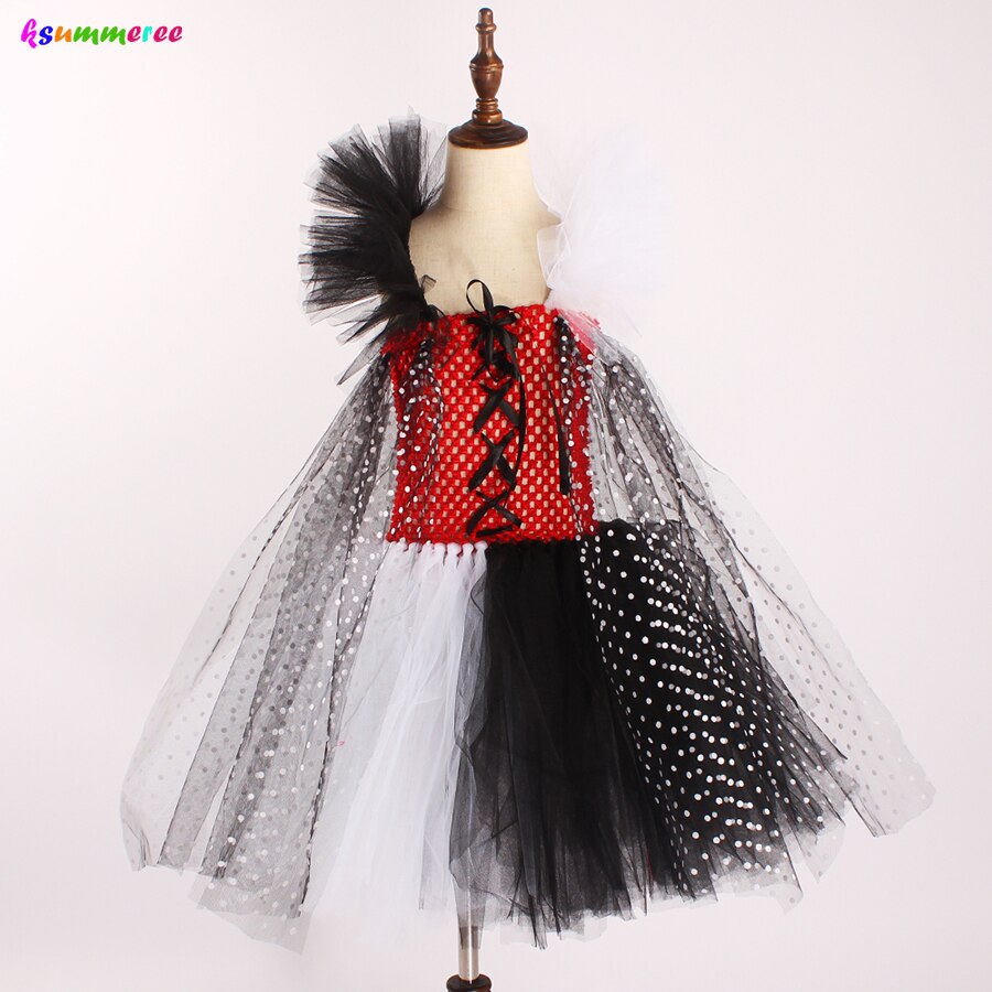 Evil Madame Cruella De Ville Kids Tutu Costume Dalmatians Girls Halloween Fancy Tutu Dress with Headband Polka Dot Girl Outfit