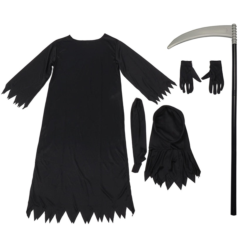 Grim Reaper Costumes Terror Luminous Eyes Death Hook Sickle Boys Cosplay Anime Children Halloween Costume for Kids Carnival Prop