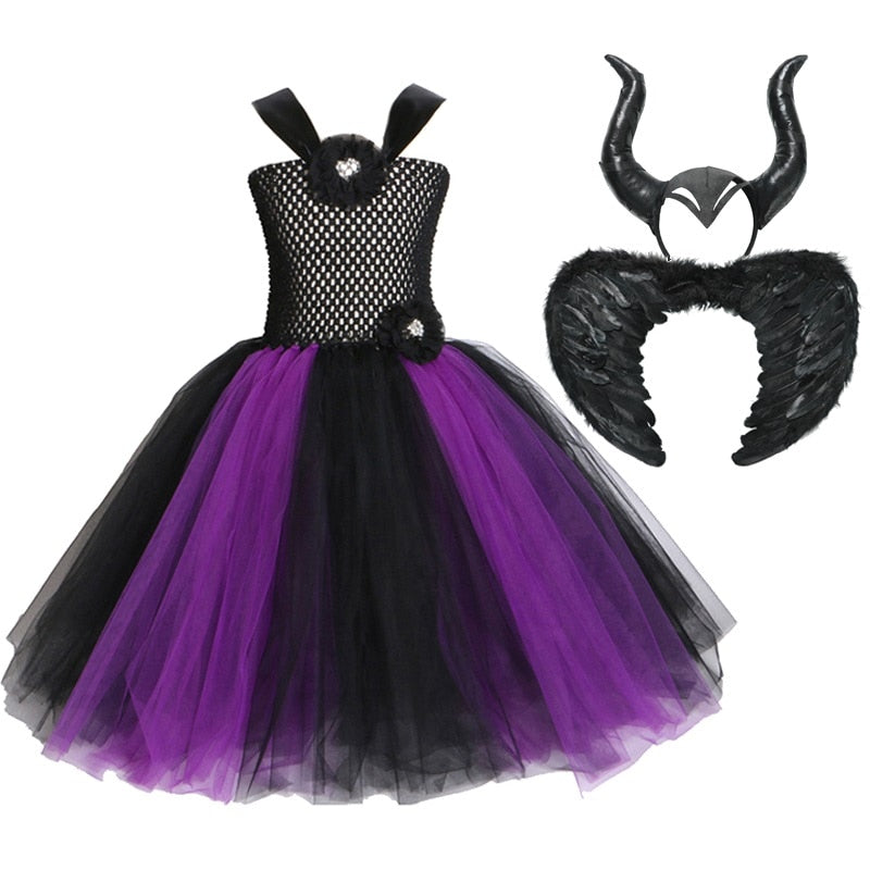 VOGUEON Girl Witch 2 Tutu Dress with Horns Halloween Evil Queen Fairy Costume for Girls Kids Party Dress Children Clothes 2-12T