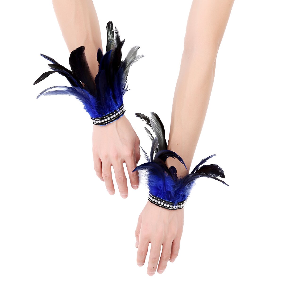 MSemis 1 Pair Feather Wrist Cuffs  Faux Pearl/Lace Real Decor Natural Dyed Rooster Feather Arm Cuffs Halloween Party Costume