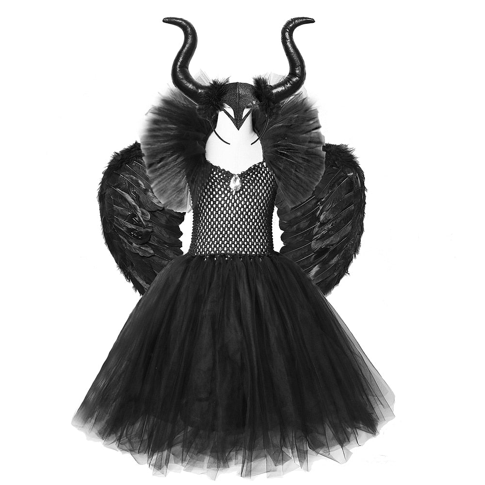 Solid Black Maleficent Halloween Costumes Girls Kids Witch Long Tutu Dress Ankle Ball Gown Devil Cosplay Outfit with Horns Wings