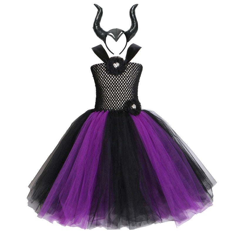 VOGUEON Girl Witch 2 Tutu Dress with Horns Halloween Evil Queen Fairy Costume for Girls Kids Party Dress Children Clothes 2-12T