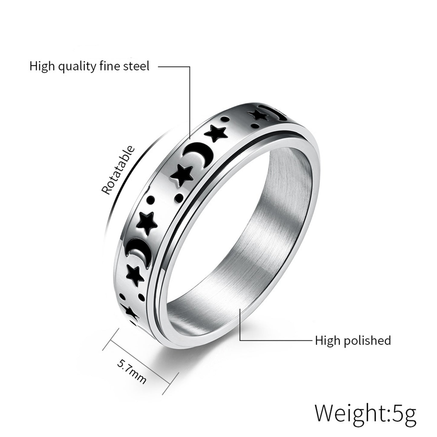 Stainless Steel Spinner Ring for Women Mens Fidget Band Rings Moon Star Celtic Stress Relieving Wide Wedding Anxiety Rings