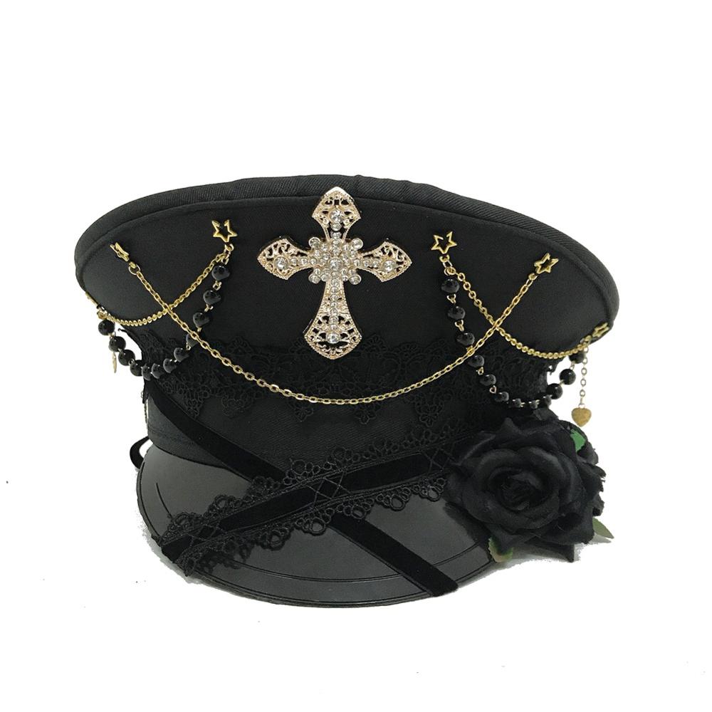 Black Cross Gothic Lolita Military Hat Cap for Women Female Sailor Captain Flat Steampunk Carnival Halloween Hair Accessories