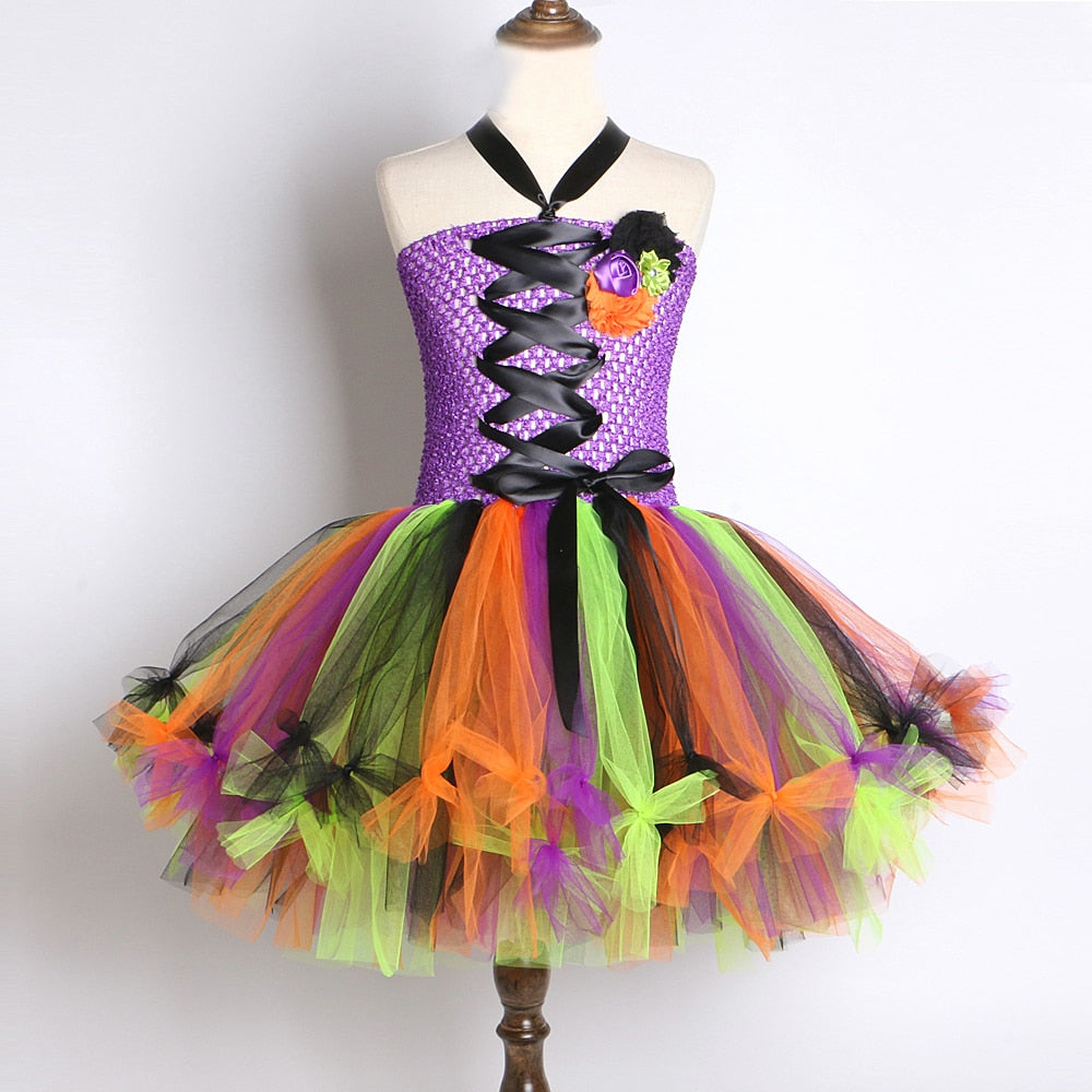 Witch Halloween Costumes for Girls Kids Sorceress Tutu Dress with Hat Children Cosplay Dresses for Carnival Party Colorful Tutus