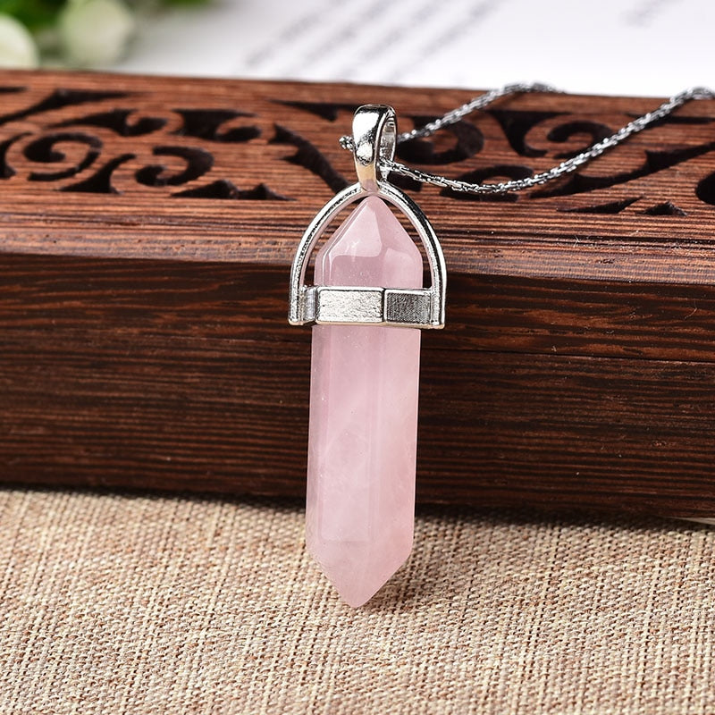 1PC Natural Crystal Rose Quartz Crystal Point Pendant Mineral Jewelry Couple DIY Lovers Gifts For Men Women Jewelry Necklace