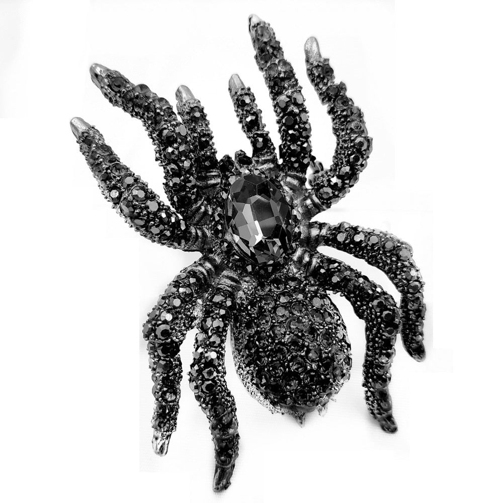 Vintage Statement 10-Legged Large Black Crystal Rhinestone Spider Brooches Huge Dangerous Bug Pin for Halloween Party Jewelry