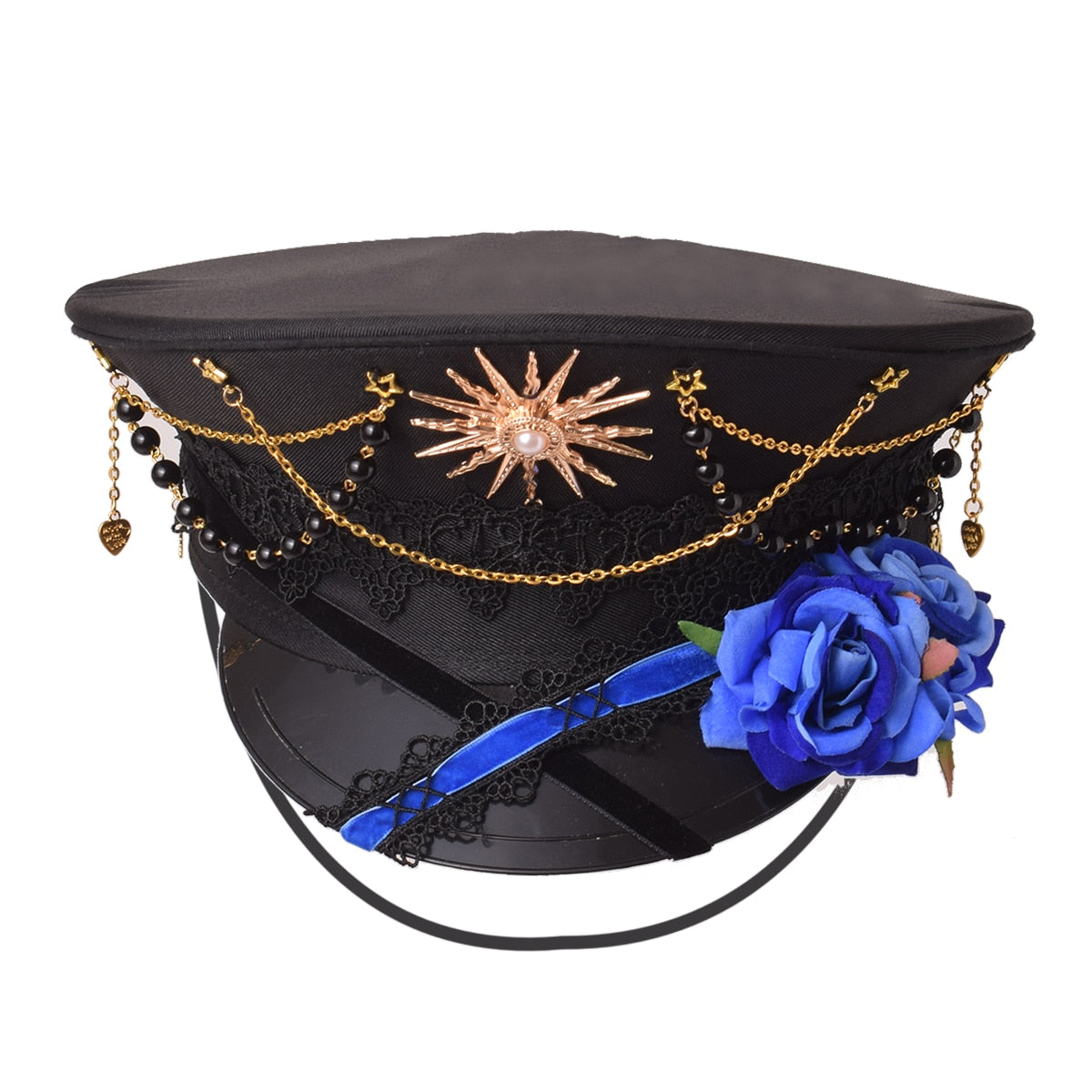 Black Cross Gothic Lolita Military Hat Cap for Women Female Sailor Captain Flat Steampunk Carnival Halloween Hair Accessories