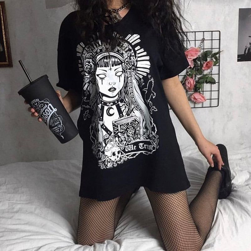 kuakuayu HJN Ouija Board Women Gothic Black T-Shirt Grunge Swag Graphic Tee Halloween Clothing