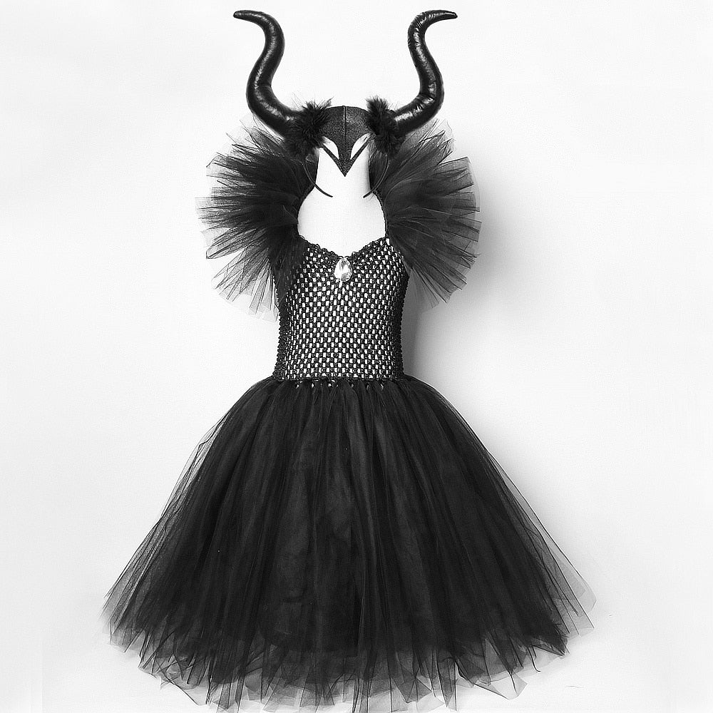 Solid Black Maleficent Halloween Costumes Girls Kids Witch Long Tutu Dress Ankle Ball Gown Devil Cosplay Outfit with Horns Wings