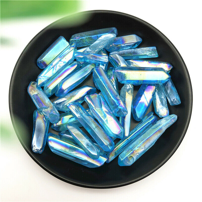 Wholesale 50g Electroplated Light Blue Titanium Aura Lemurian Seed Quartz Crystal Point Stones Specimen Natural Quartz Crystals