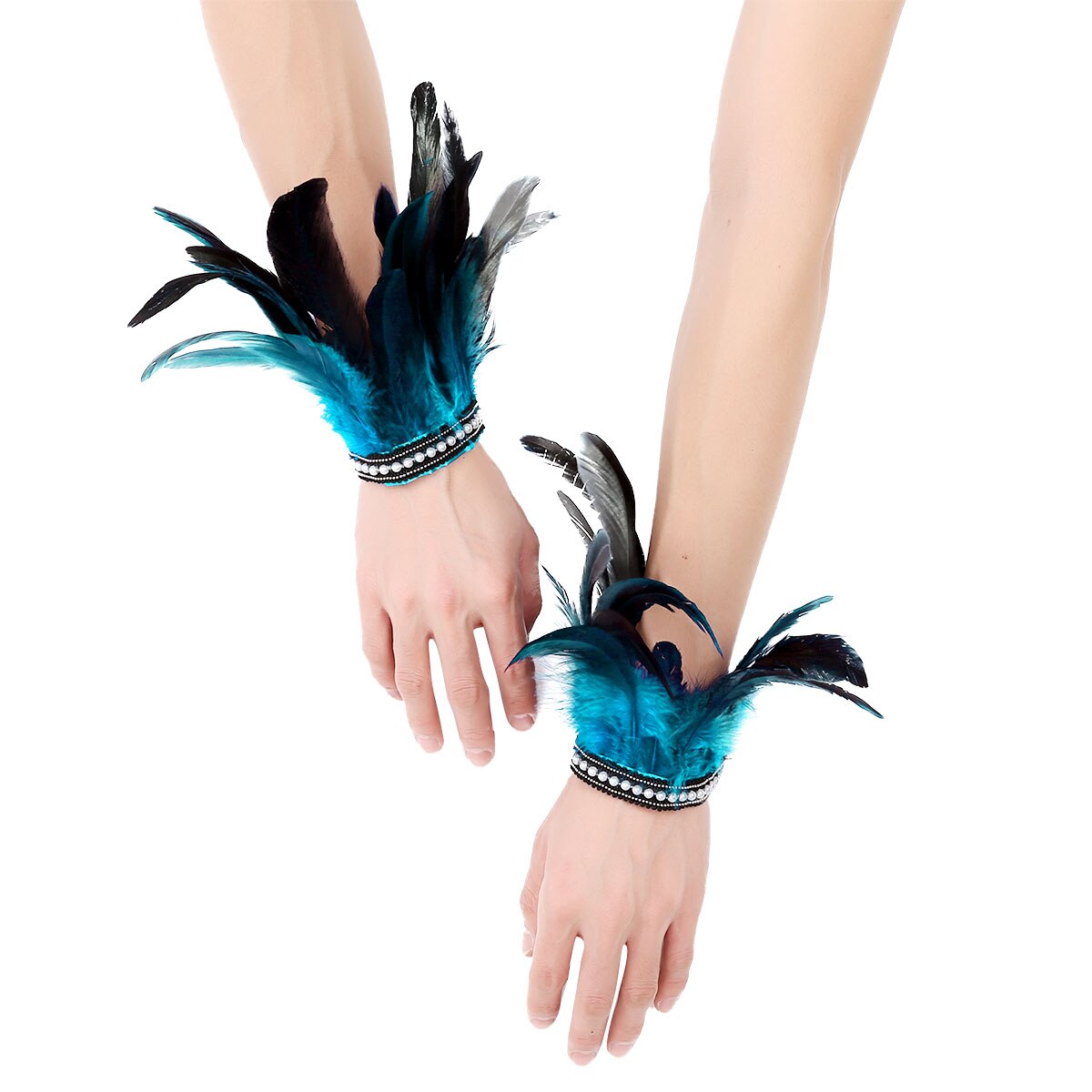 MSemis 1 Pair Feather Wrist Cuffs  Faux Pearl/Lace Real Decor Natural Dyed Rooster Feather Arm Cuffs Halloween Party Costume