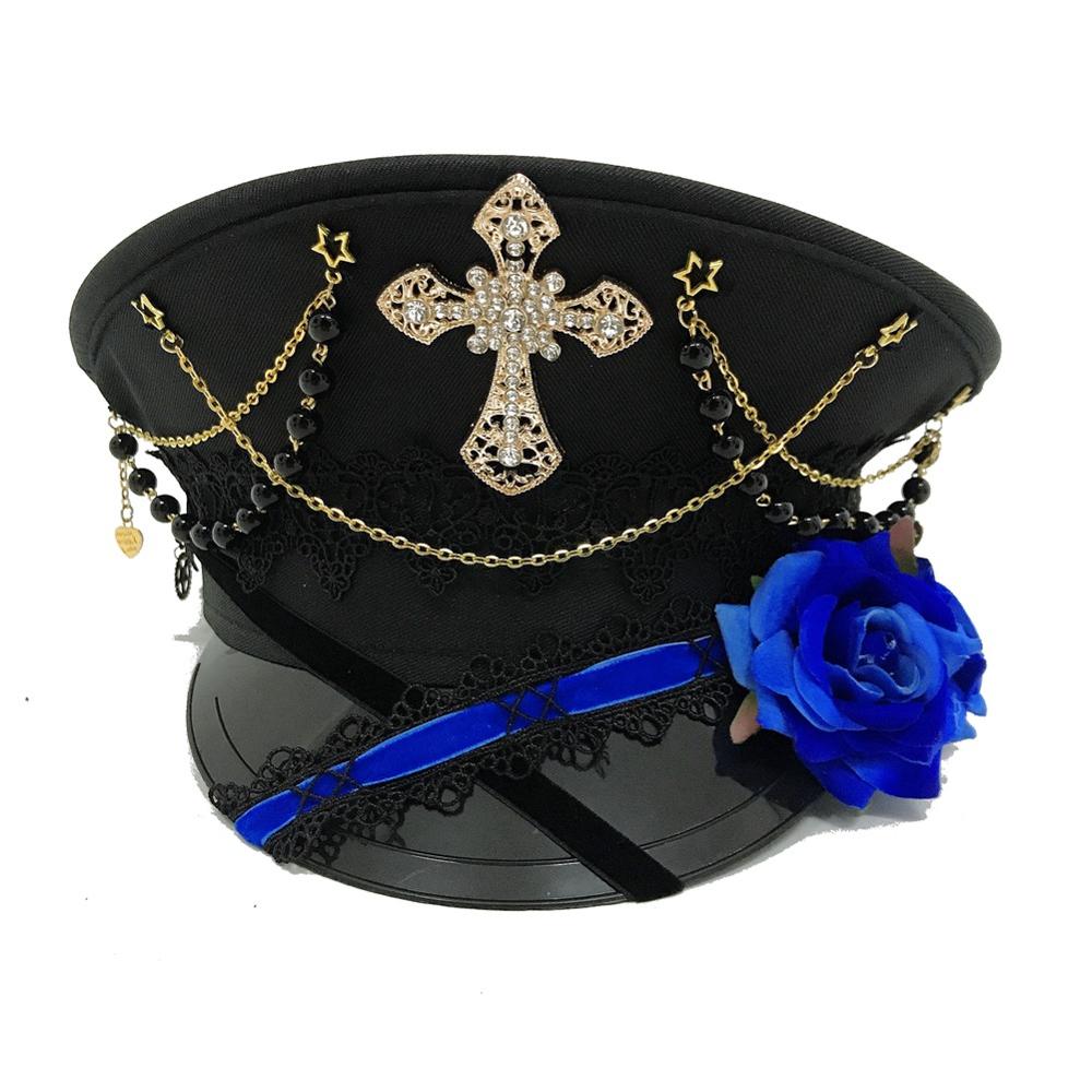 Black Cross Gothic Lolita Military Hat Cap for Women Female Sailor Captain Flat Steampunk Carnival Halloween Hair Accessories