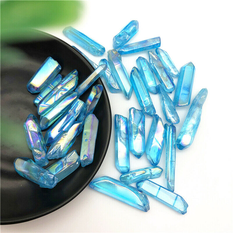 Wholesale 50g Electroplated Light Blue Titanium Aura Lemurian Seed Quartz Crystal Point Stones Specimen Natural Quartz Crystals