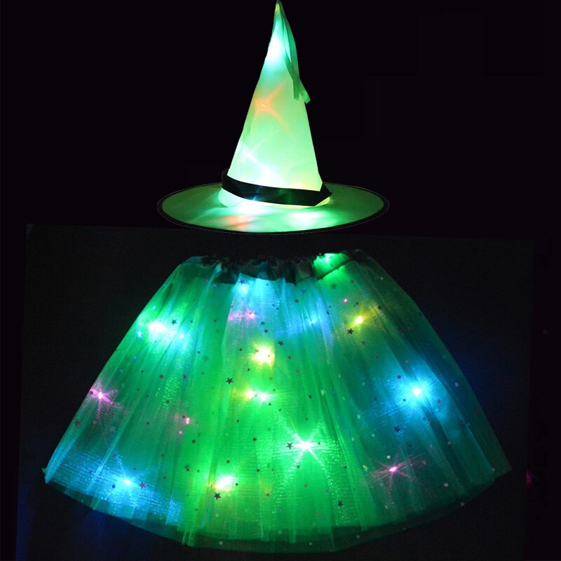 Adult Kids Light Up Witch Hat Spider Web Cobweb Skirt Party LED Princess Christmas Tree Costume Magic Wand Festival Halloween