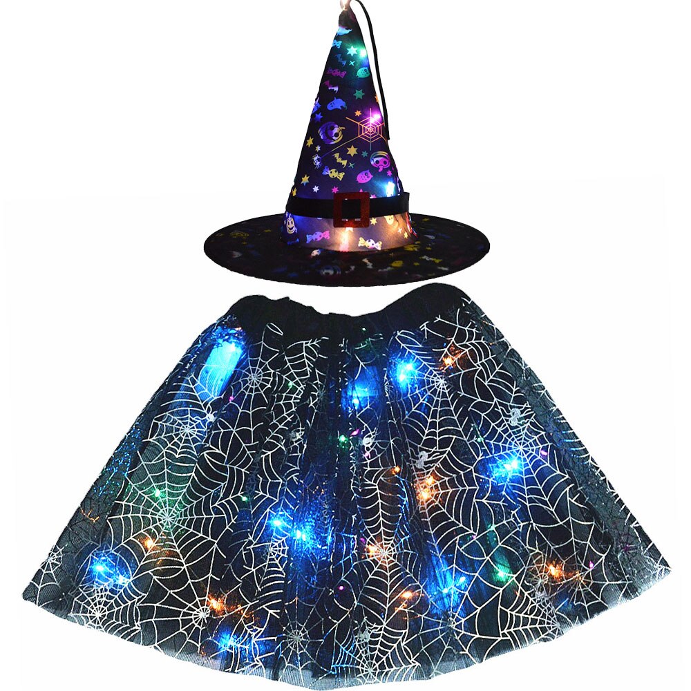 Adult Kids Light Up Witch Hat Spider Web Cobweb Skirt Party LED Princess Christmas Tree Costume Magic Wand Festival Halloween