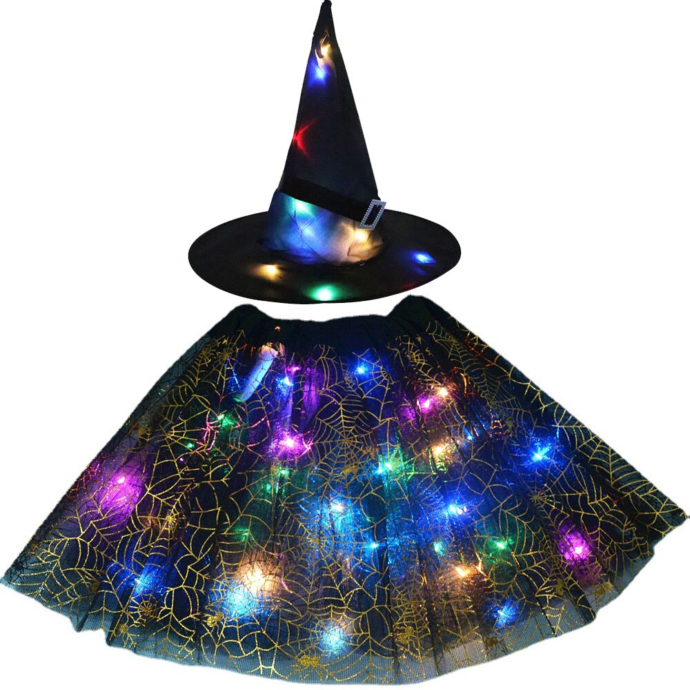 Adult Kids Light Up Witch Hat Spider Web Cobweb Skirt Party LED Princess Christmas Tree Costume Magic Wand Festival Halloween