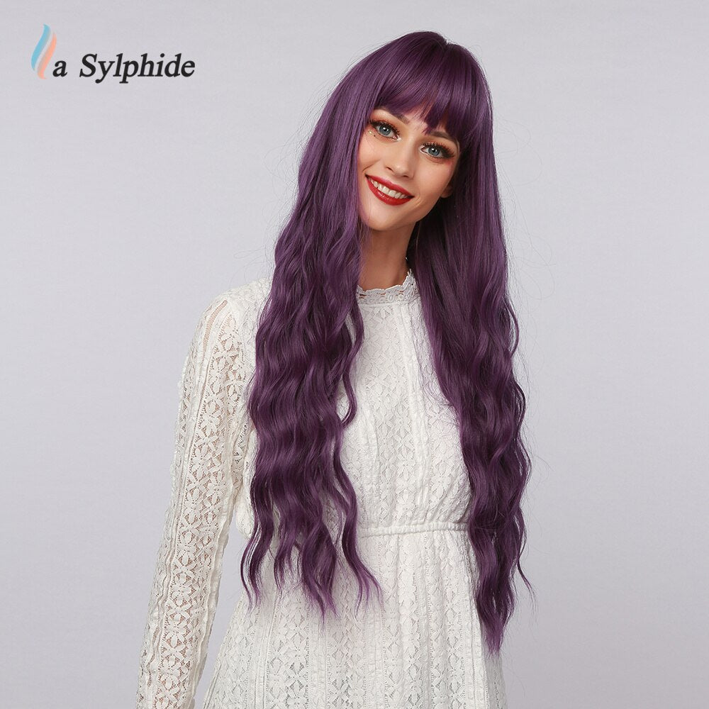 La Sylphide Halloween Cosplay Lolita Wig Long Nature Wave Purple Synthetic Hair Wigs with Bangs for Woman Heat Resistant Fiber