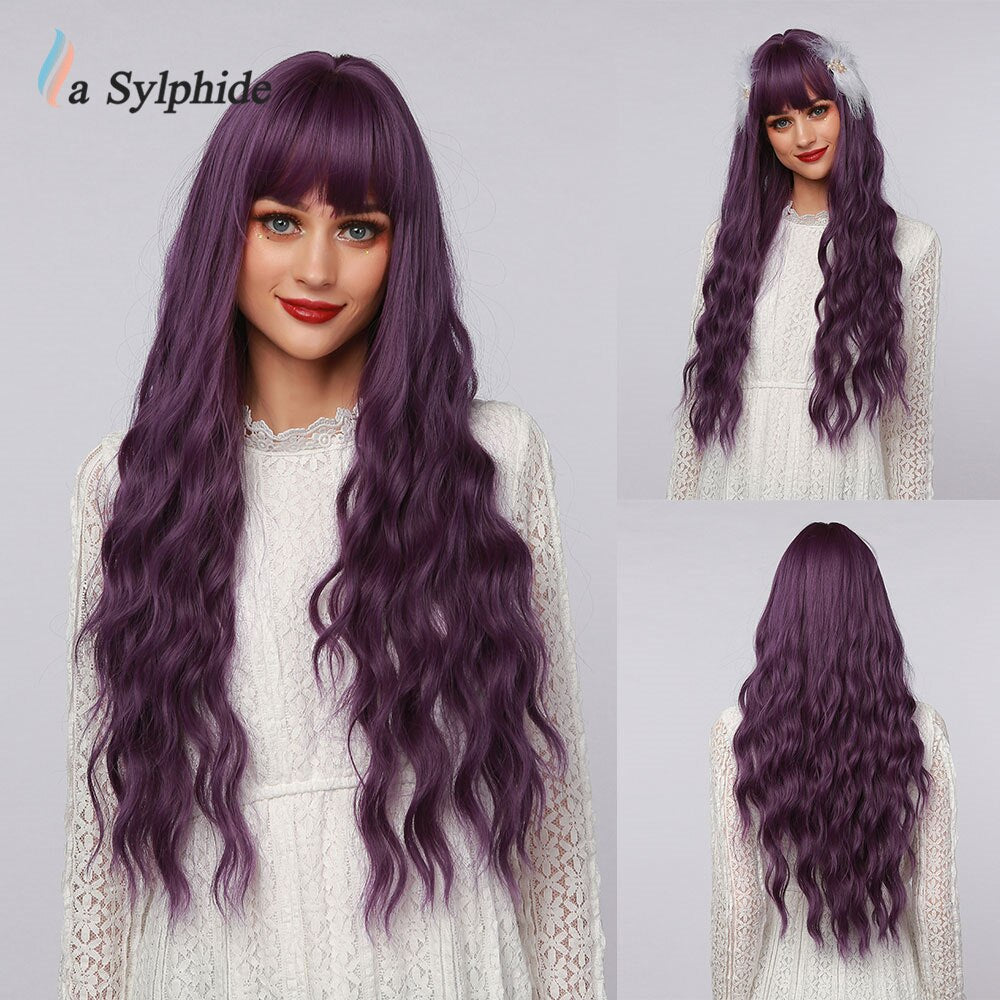 La Sylphide Halloween Cosplay Lolita Wig Long Nature Wave Purple Synthetic Hair Wigs with Bangs for Woman Heat Resistant Fiber