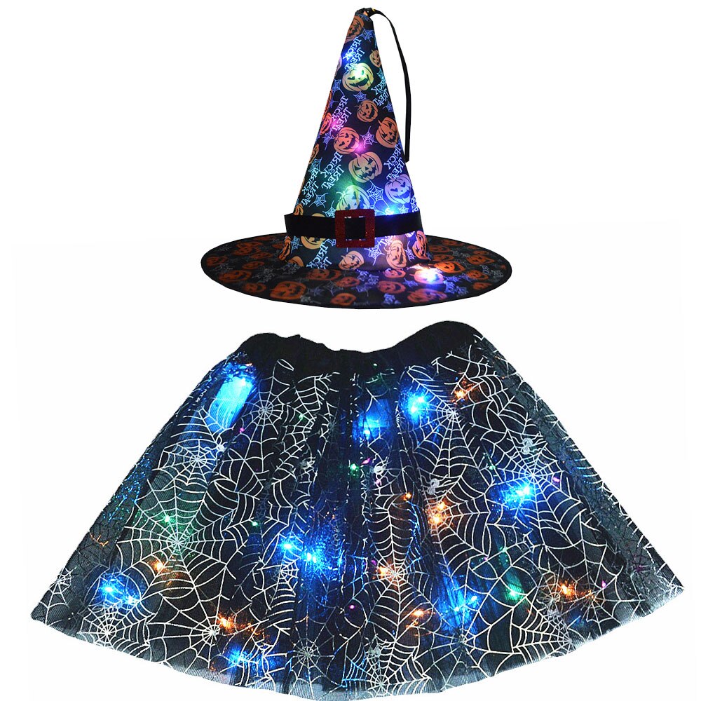 Adult Kids Light Up Witch Hat Spider Web Cobweb Skirt Party LED Princess Christmas Tree Costume Magic Wand Festival Halloween