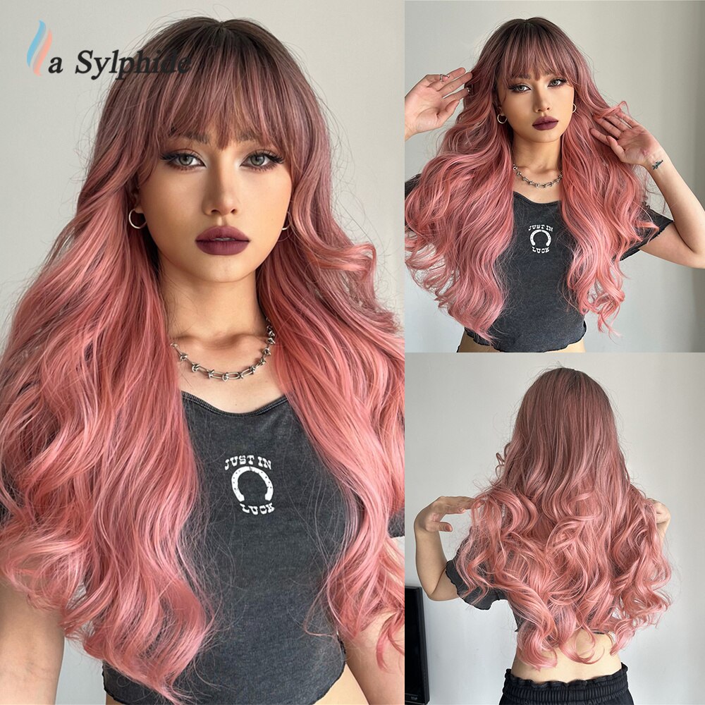 La Sylphide Halloween Cosplay Lolita Wig Long Nature Wave Purple Synthetic Hair Wigs with Bangs for Woman Heat Resistant Fiber