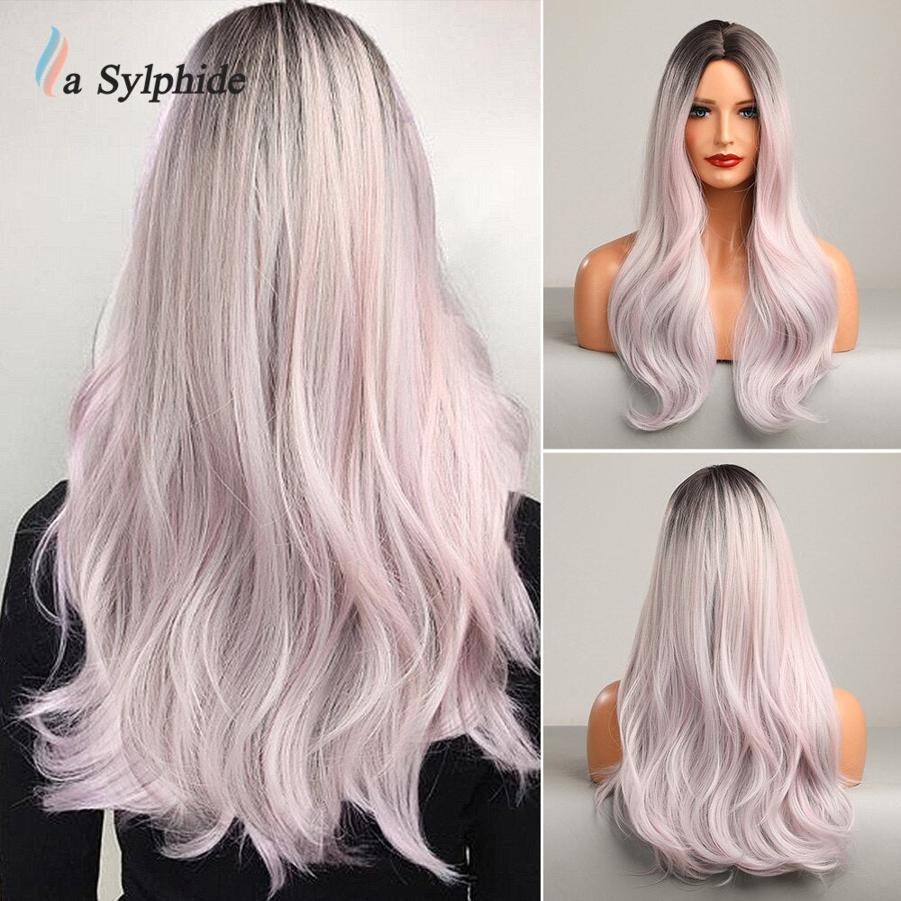 La Sylphide Synthetic Hair Wigs Cosplay Wig Long Wave Root Black Ombre Pink for Woman Heat Resistant Fiber Daily Party Wig