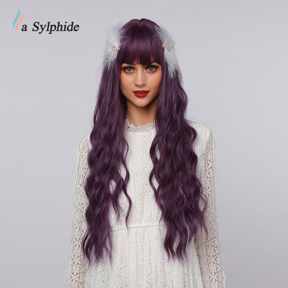 La Sylphide Halloween Cosplay Lolita Wig Long Nature Wave Purple Synthetic Hair Wigs with Bangs for Woman Heat Resistant Fiber