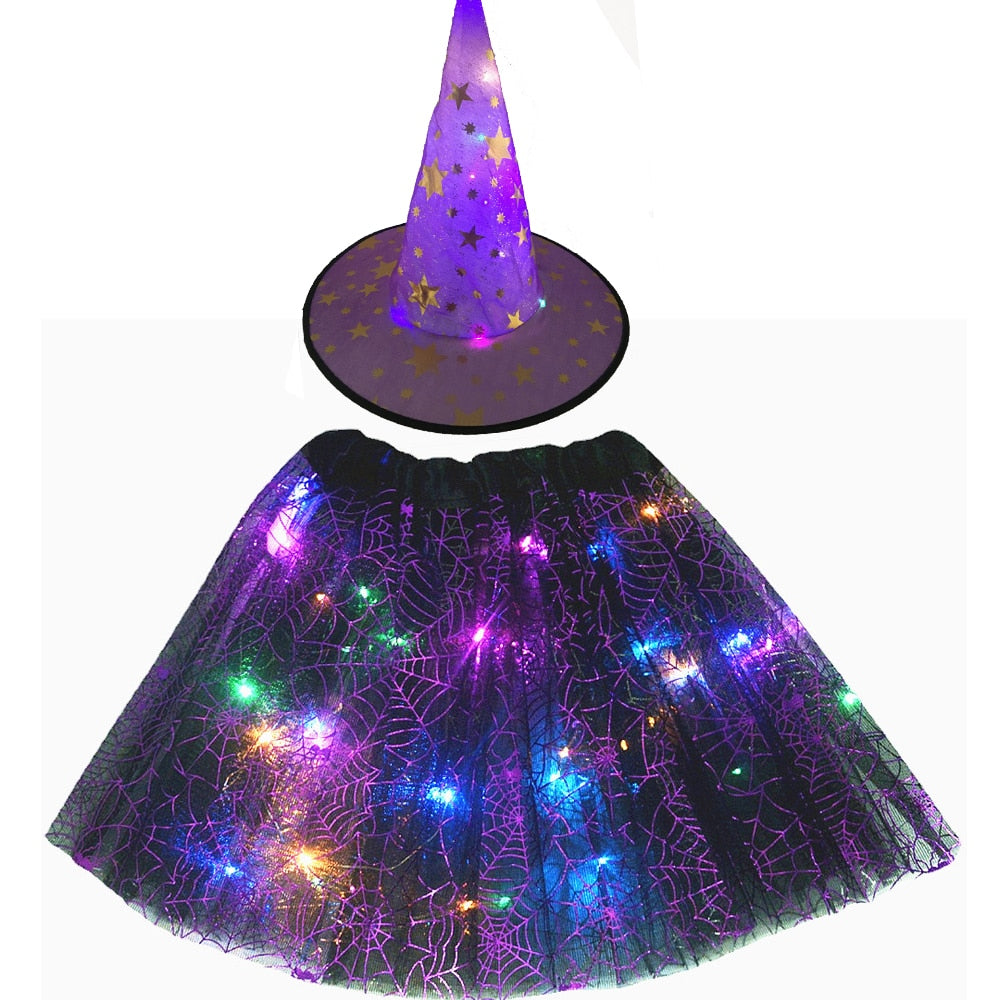 Adult Kids Light Up Witch Hat Spider Web Cobweb Skirt Party LED Princess Christmas Tree Costume Magic Wand Festival Halloween