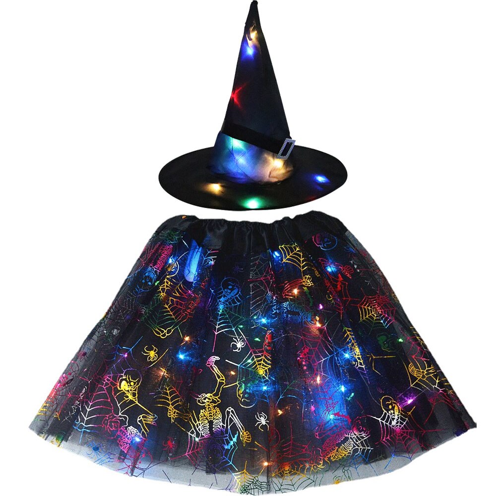 Adult Kids Light Up Witch Hat Spider Web Cobweb Skirt Party LED Princess Christmas Tree Costume Magic Wand Festival Halloween