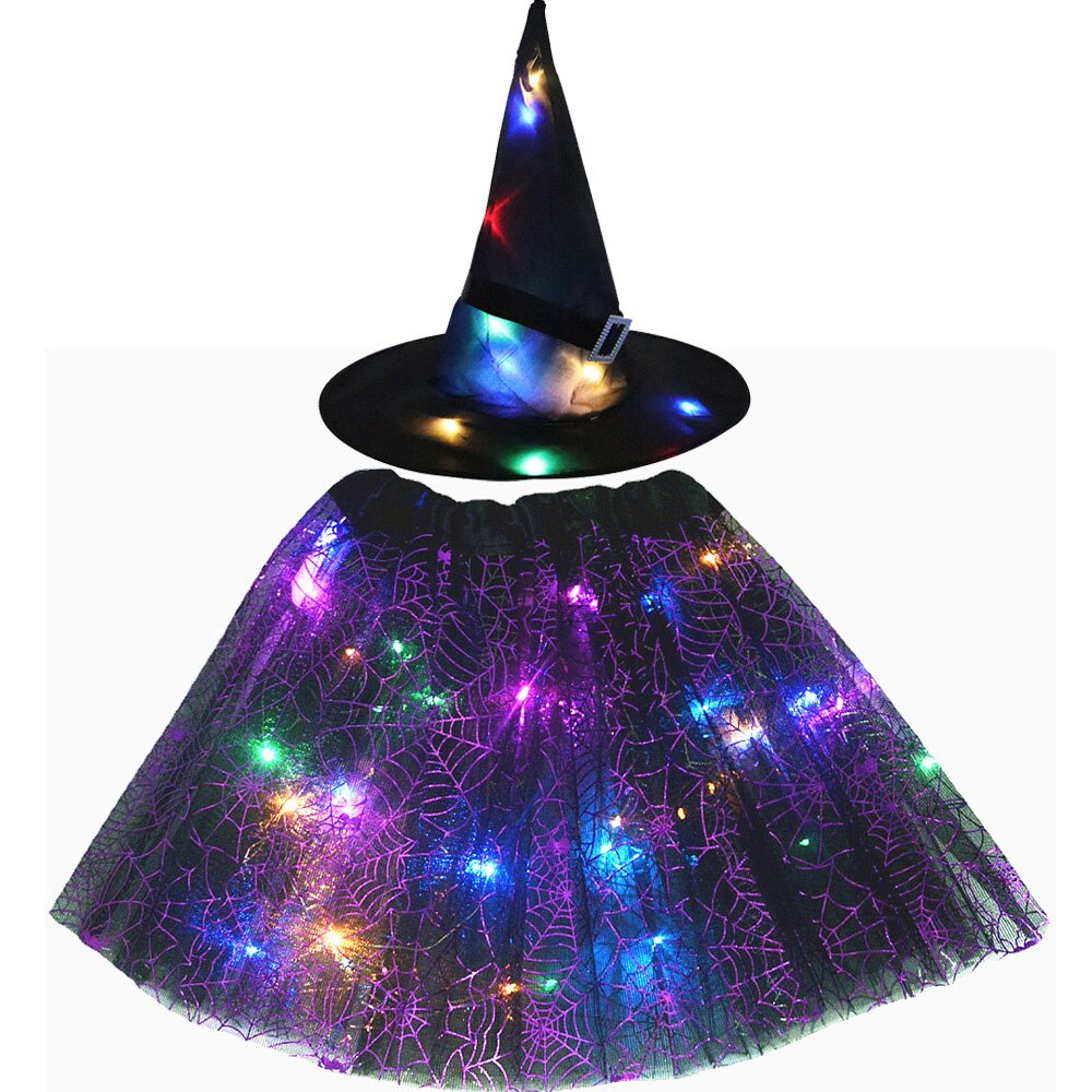 Adult Kids Light Up Witch Hat Spider Web Cobweb Skirt Party LED Princess Christmas Tree Costume Magic Wand Festival Halloween