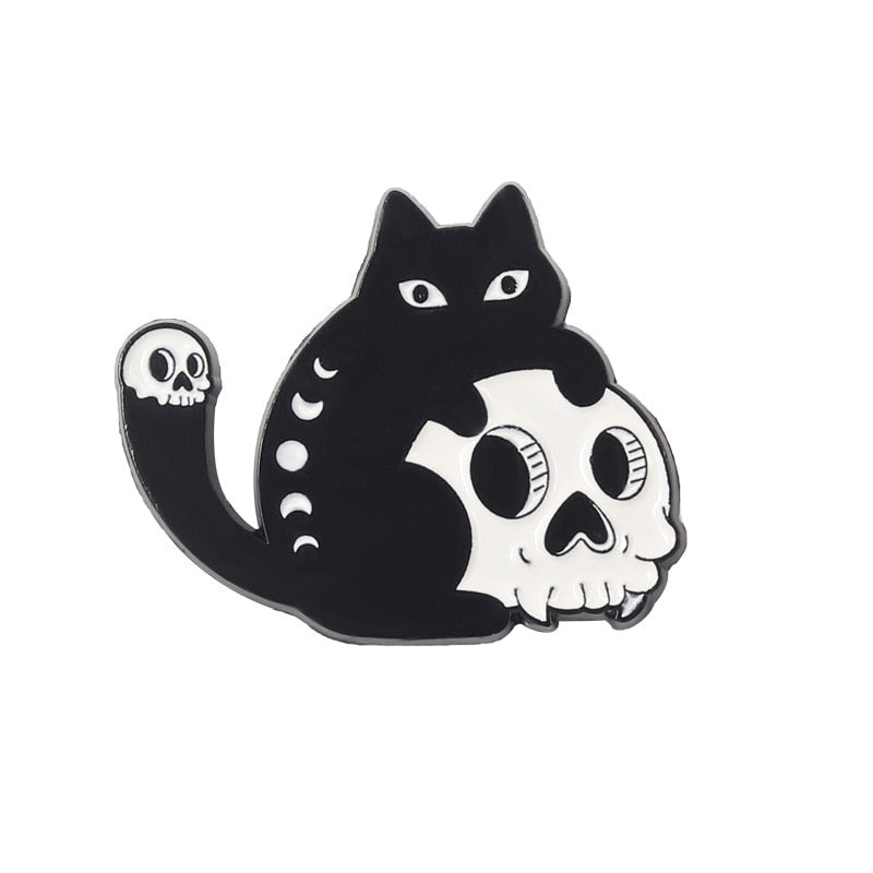 Bad Witch Needle Crystal Ball Handmade Black Cat Skull Retro Enamel Pin Brooch Badge Decorative Cowboy Halloween Jewelry