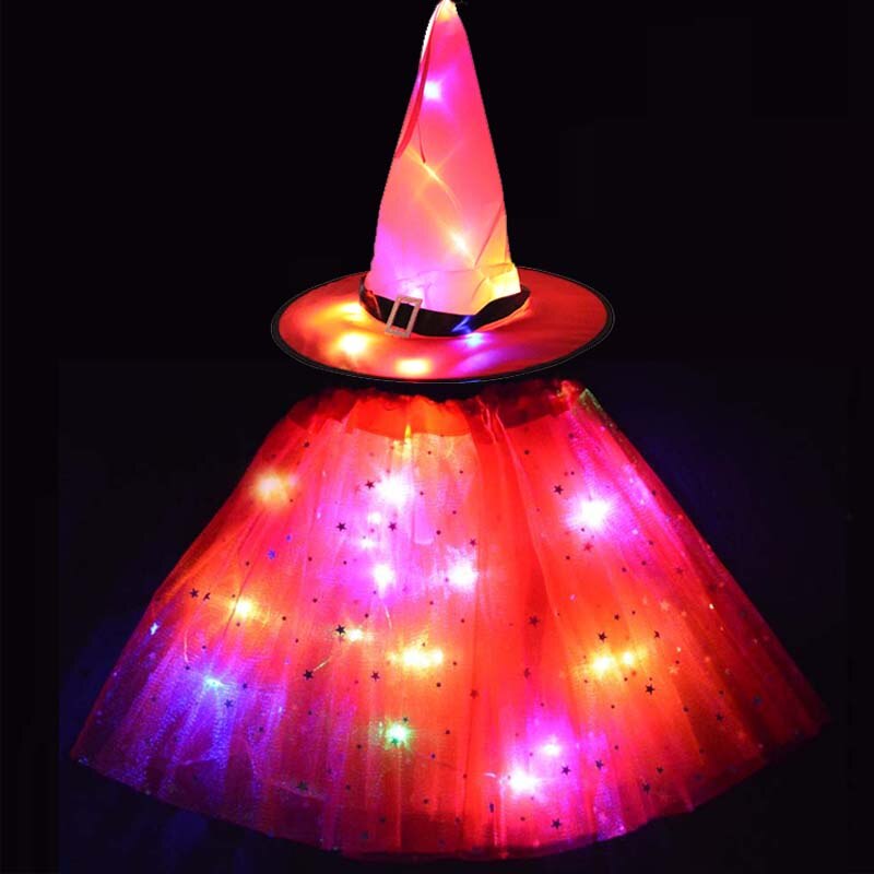 Adult Kids Light Up Witch Hat Spider Web Cobweb Skirt Party LED Princess Christmas Tree Costume Magic Wand Festival Halloween