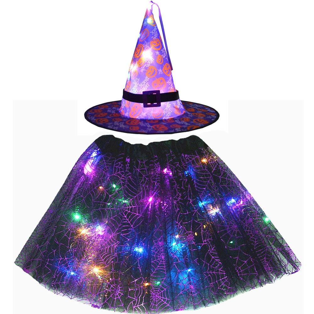 Adult Kids Light Up Witch Hat Spider Web Cobweb Skirt Party LED Princess Christmas Tree Costume Magic Wand Festival Halloween