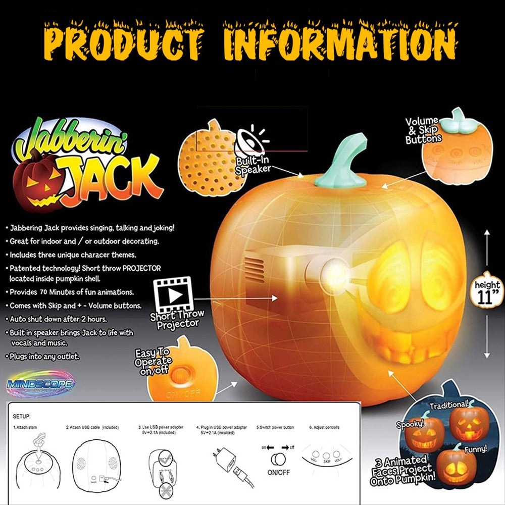 2022 New Halloween Pumpkin Projection Lamp Animated Talking and Singing LED Light for Festive Home Party Decorations