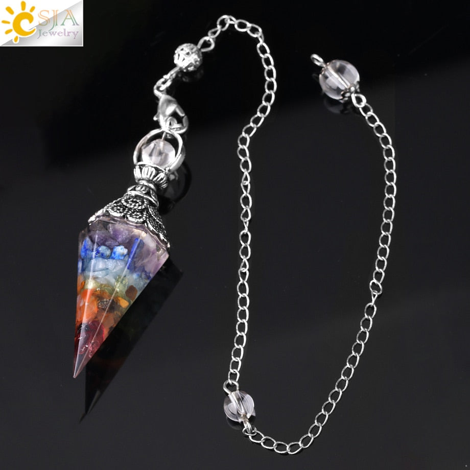 CSJA 7 Chakra Healing Crystals Pendulum for Dowsing Divination Quartz Natural Stone Pendulums Antique Reiki Pendant Pendulo G854