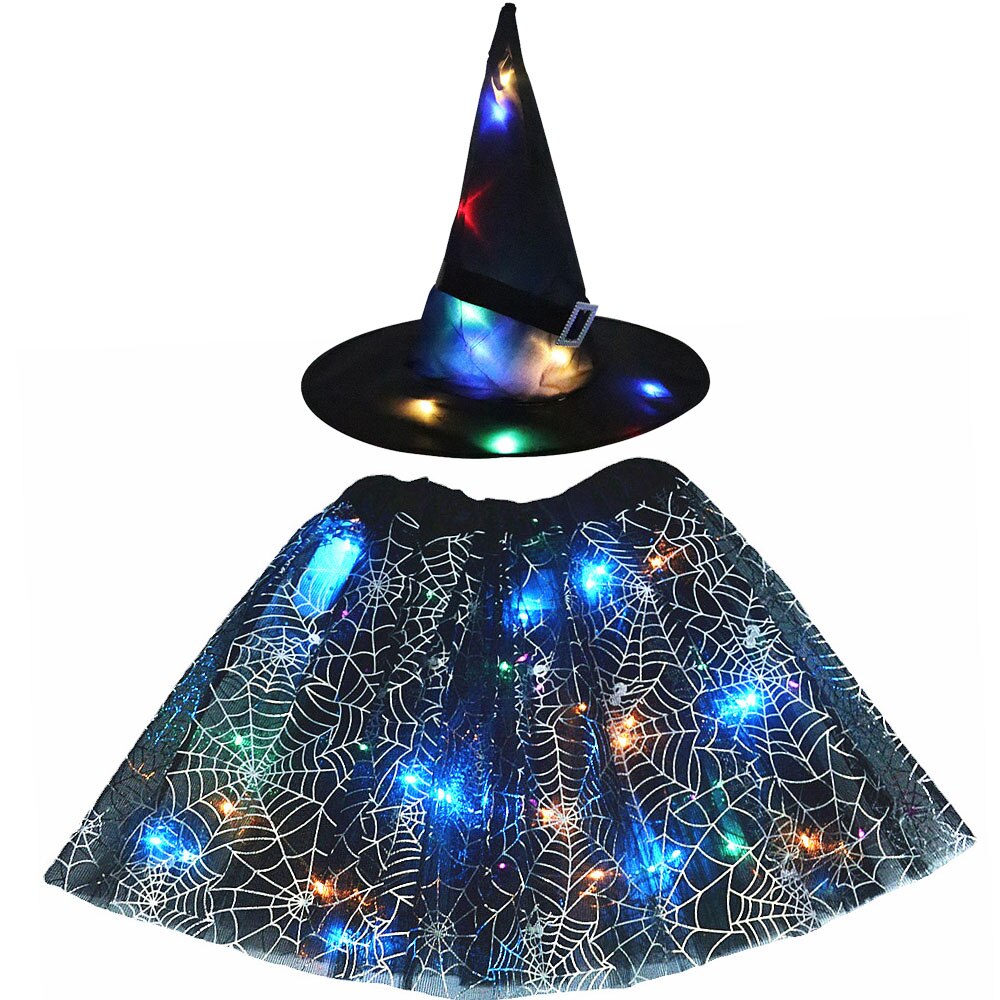 Adult Kids Light Up Witch Hat Spider Web Cobweb Skirt Party LED Princess Christmas Tree Costume Magic Wand Festival Halloween