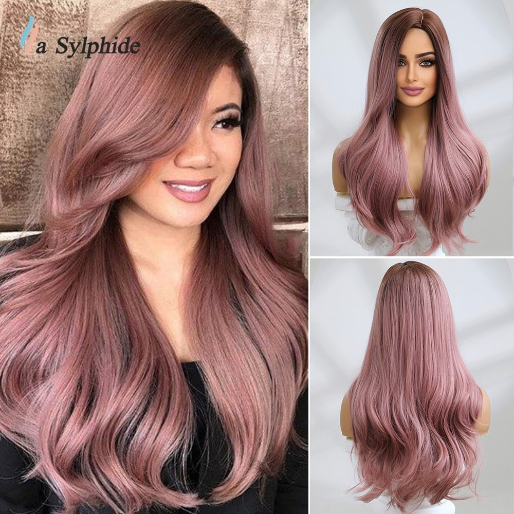 La Sylphide Synthetic Hair Wigs Cosplay Wig Long Wave Root Black Ombre Pink for Woman Heat Resistant Fiber Daily Party Wig