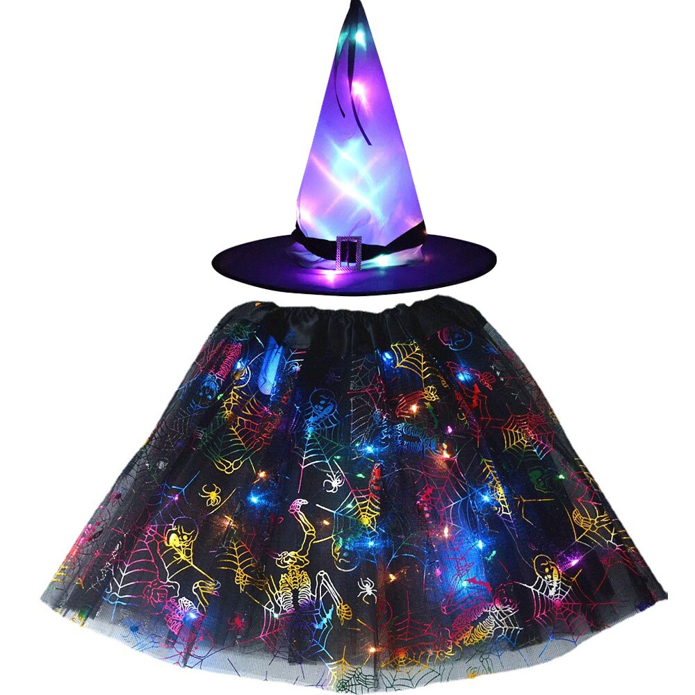 Adult Kids Light Up Witch Hat Spider Web Cobweb Skirt Party LED Princess Christmas Tree Costume Magic Wand Festival Halloween