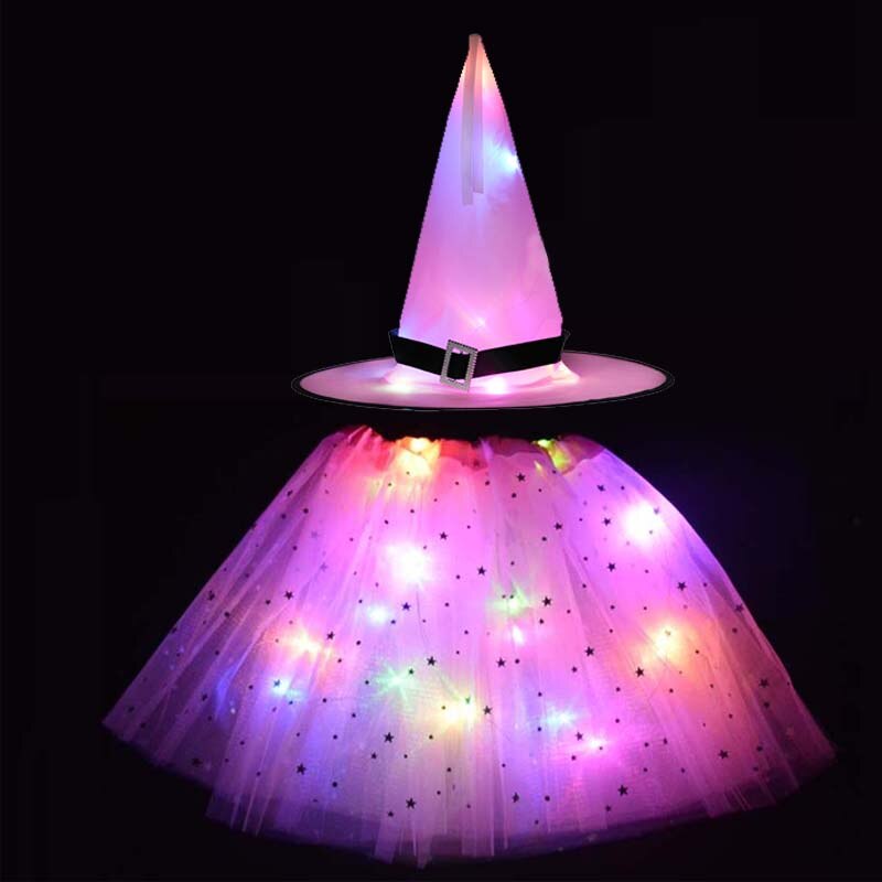 Adult Kids Light Up Witch Hat Spider Web Cobweb Skirt Party LED Princess Christmas Tree Costume Magic Wand Festival Halloween