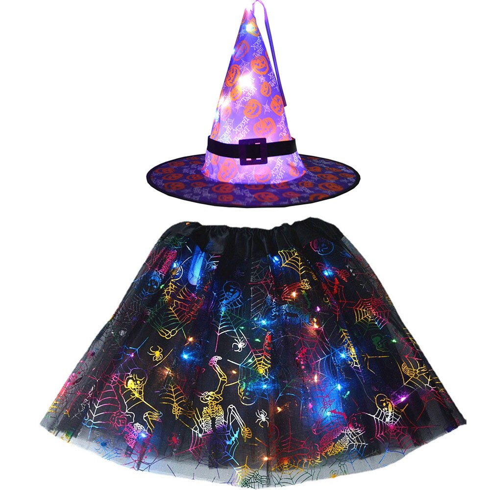 Adult Kids Light Up Witch Hat Spider Web Cobweb Skirt Party LED Princess Christmas Tree Costume Magic Wand Festival Halloween