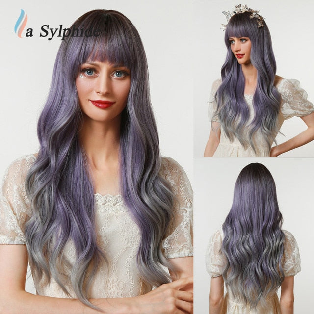 La Sylphide Synthetic Hair Wigs Cosplay Wig Long Wave Root Black Ombre Pink for Woman Heat Resistant Fiber Daily Party Wig