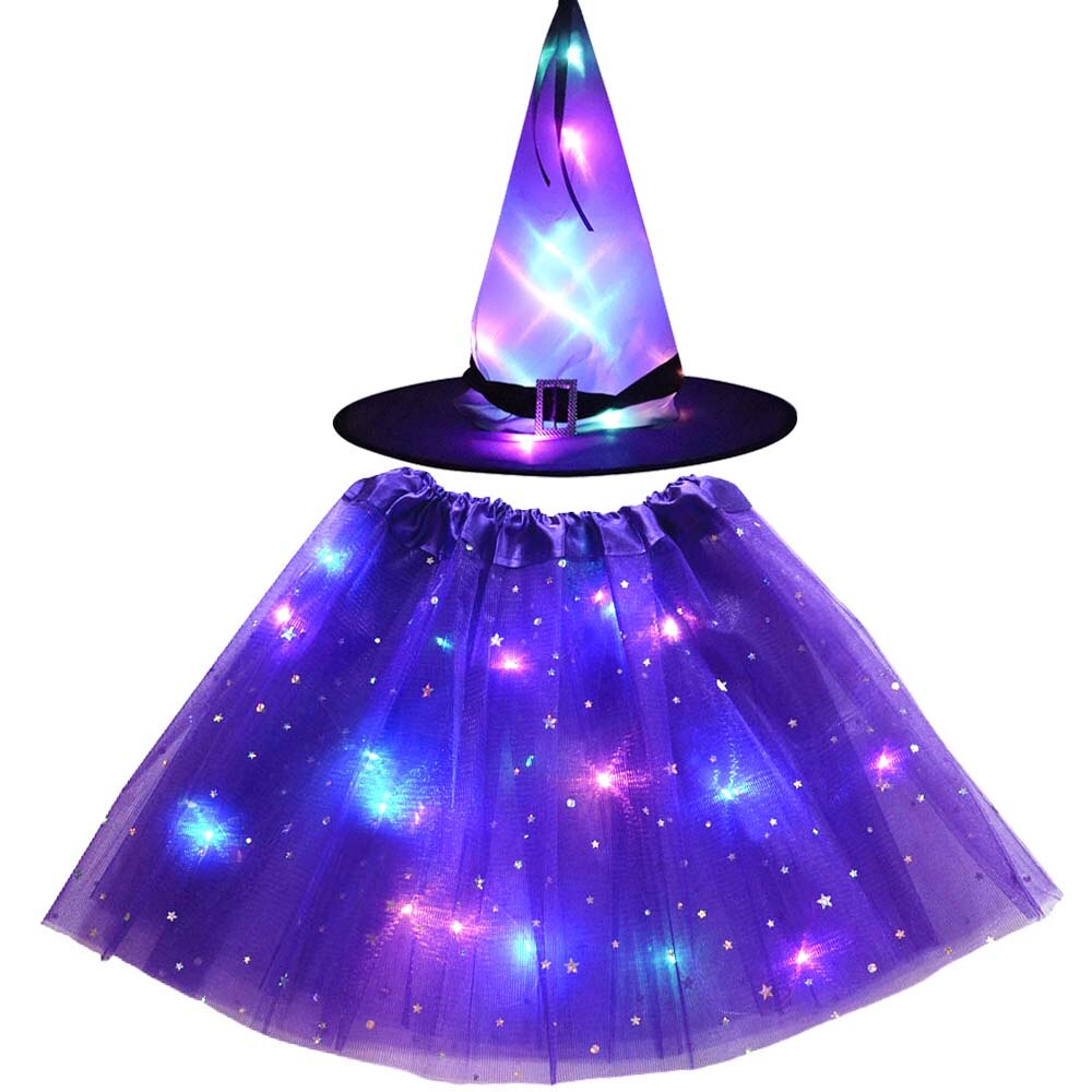 Adult Kids Light Up Witch Hat Spider Web Cobweb Skirt Party LED Princess Christmas Tree Costume Magic Wand Festival Halloween