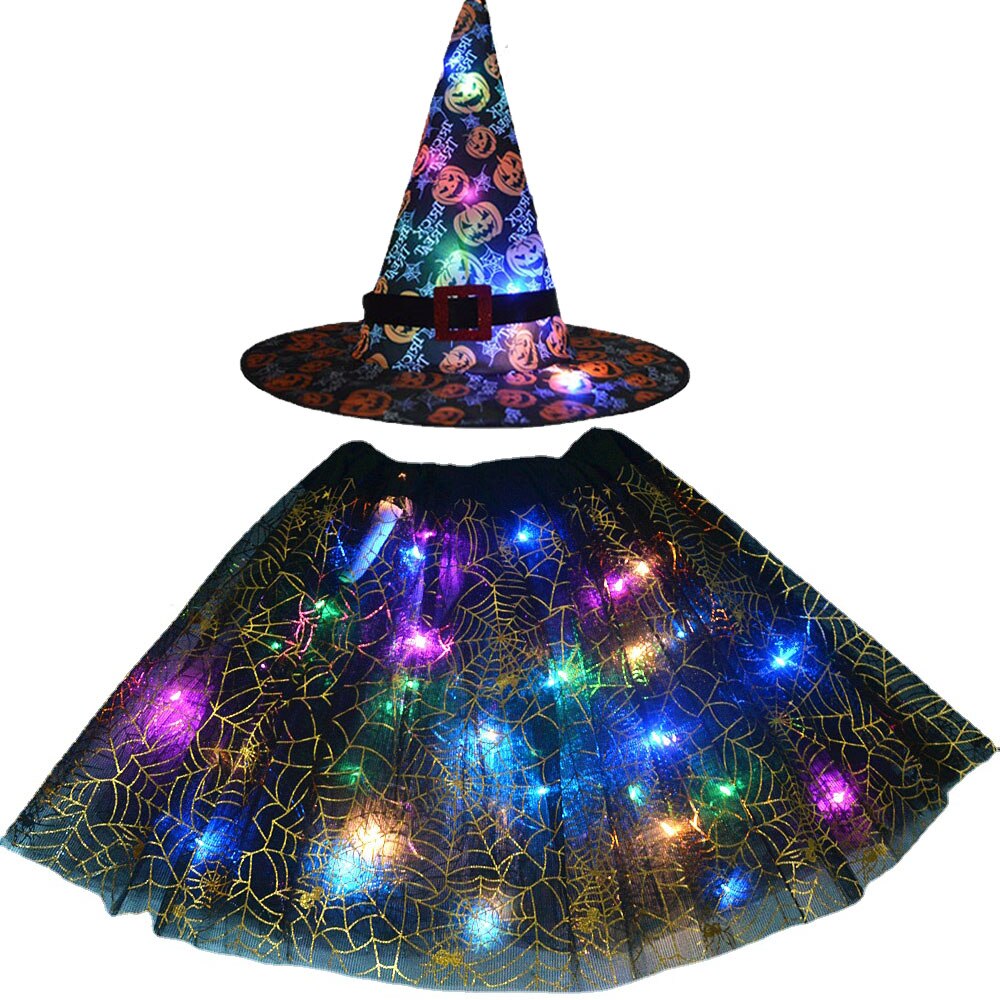 Adult Kids Light Up Witch Hat Spider Web Cobweb Skirt Party LED Princess Christmas Tree Costume Magic Wand Festival Halloween