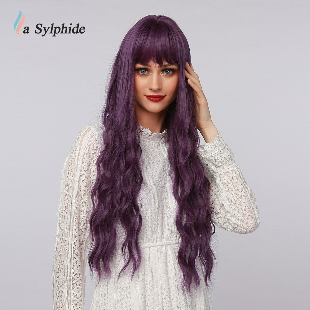 La Sylphide Halloween Cosplay Lolita Wig Long Nature Wave Purple Synthetic Hair Wigs with Bangs for Woman Heat Resistant Fiber