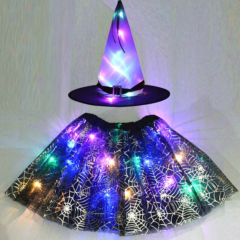 Adult Kids Light Up Witch Hat Spider Web Cobweb Skirt Party LED Princess Christmas Tree Costume Magic Wand Festival Halloween