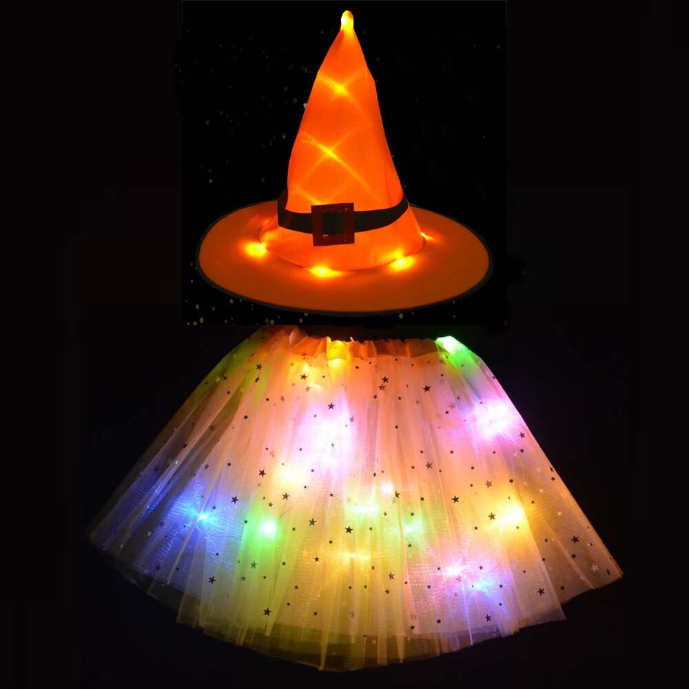 Adult Kids Light Up Witch Hat Spider Web Cobweb Skirt Party LED Princess Christmas Tree Costume Magic Wand Festival Halloween